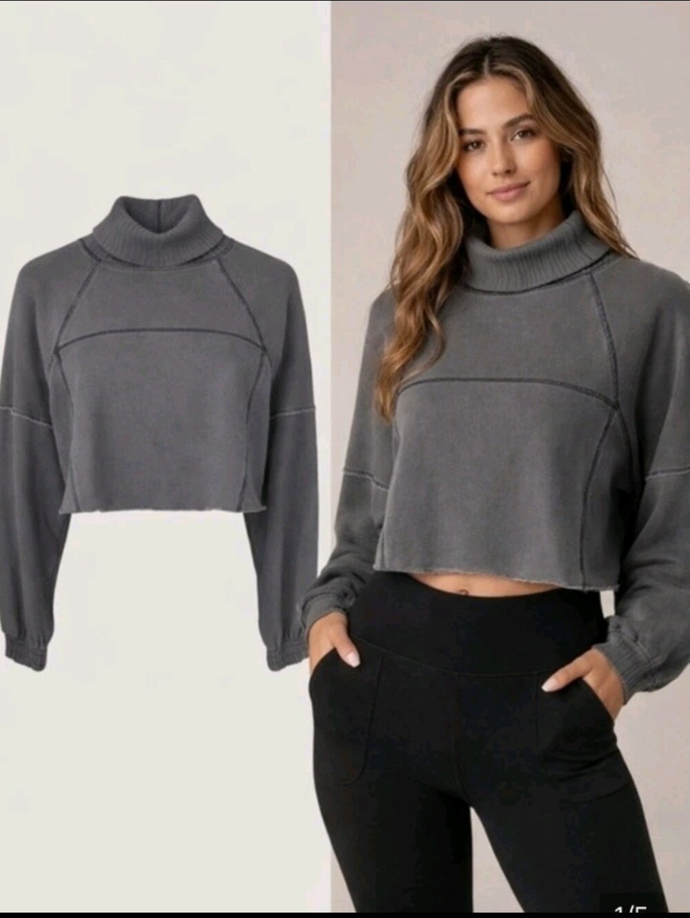 Aerie Womens Washed Gray New Heights Cropped Long Sleeve Turtleneck Sweatshirt S